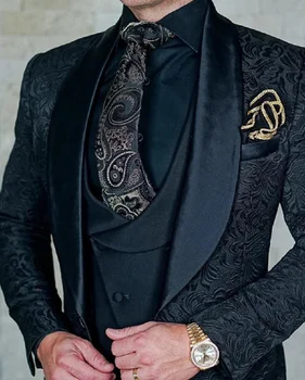 Erkek Takım Elbise Desen ve Siyah Damat Smokin Şal Saten Yaka Groomsmen Düğün En Iyi Adam ( Ceket+Pantolon+Yelek)