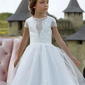 Beyaz Kabarık Çiçek kız Elbise Tül Dantel Düğün Zarif Prenses İlk Communion doğum günü partisi elbisesi Kız Hediye