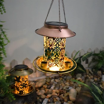 Güneş Vahşi Kuş Besleyici LED Lamba Asılı Bronz Metal Tepsi Kuş Besleyici Metal Güneş Enerjisi Kuş Besleyiciler Dışında / bahçe dekorasyonu