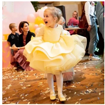 Yaz Lüks Kabarık Sarı Leke Çiçek Kız Gelinlik Çocuk Diz Boyu Balo Doğum Günü Elbisesi Prenses Kız Kostümleri