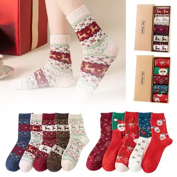 5 Çift Noel Çorap Hediye Kadın Çorap Rahat Kış Karikatür sıcak tutan çoraplar Vintage Termal Sıcak Pamuk Noel noel hediyesi R5S3