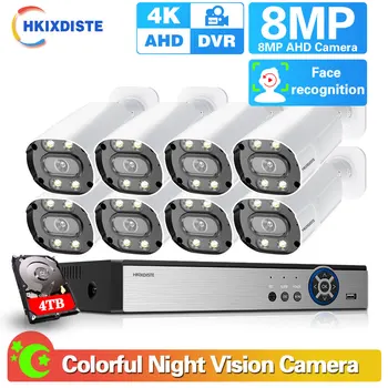CCTV Güvenlik Sistemi Kiti 4K 8CH DVR İle 8MP Renkli Tam Gece Görüş AHD Su Geçirmez AI Yüz Algılama Video Gözetim Kamera