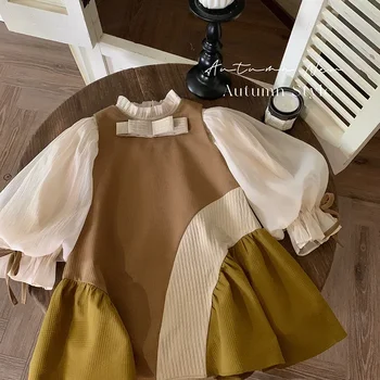 Kız Elbise Fransız Tarzı Renk Kontrast Patchwork Sundress 2023 Sonbahar Bebek Kız Tatlı Yay Kolsuz Elbise
