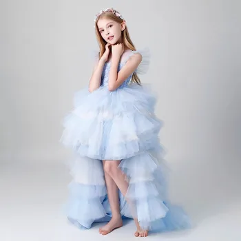 2024 Gala Elbise Kızlar Çocuklar için Mavi Gökyüzü Tül Tutu Mermaid Elbiseler Doğum Günü Partisi için Çocuk Performans Kostüm Gençler Önlük