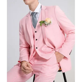 Pembe Düğün Takımları Erkekler için Zarif Resmi Çentik Yaka Damat Smokin Moda İnce Rahat Erkek Takım Elbise 3 Parça (Blazer + Yelek + Pantolon)