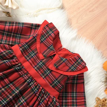 Toddler Bebek Kız Noel Kıyafeti Flare Uzun Kollu Peter Pan Yaka Ekose Patchwork Tül Tutu Elbise