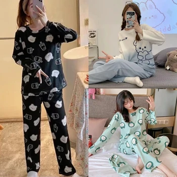 Bayanlar Karikatür Ayı Pijama Bahar ve Yaz Uzun Kollu Rahat Rahat Ev Tekstili Dışında Kadınlar Sevimli Çiçek Loungewear