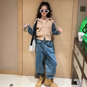 Yeni çocuk Giyim seti Bahar Moda Çift Fermuarlı Tasarım Kazak Üst + Gevşek Kot Pantolon 2 adet Kız Giysileri Kıyafetler 4-14 Y