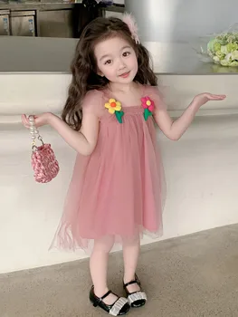 Sevimli Kız Yaz Tül Elbise Kare Boyun Elastik Kayış Uçan Kollu Çiçekler Diz Boyu Abiye Sevgiliye Bebek Elbiseleri