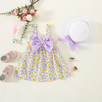 Yaz Toddler Kız Elbise Takım Elbise Bebek Plaj Elbiseleri Sevimli Ruffles Kollu Pamuk Yenidoğan Prenses Elbise + İlmek Sunhat 2 Adet Setleri