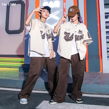 Hip Hop Kızlar Gevşek Beyzbol Ceket Kargo Pantolon Erkek Streetwear Gömlek Sokak Dansı Joggers Çocuk Kostümleri Çocuk Caz Giyim Setleri