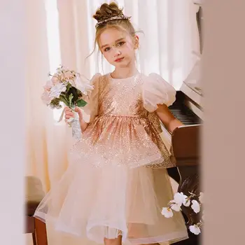 Çocuk Prenses gece elbisesi Payetli Puf Kollu Tasarım Düğün Doğum Günü Vaftiz Paskalya Bayram Parti Kız Elbise A2661