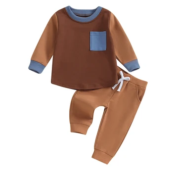 Toddler Erkek Bebek Kız Kıyafet Renk Bloğu Uzun Kollu Kazak Kazak Pantolon 2 Adet Sonbahar Kış Giysileri