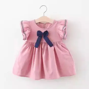 Taze Tiki Tarzı Yuvarlak Boyun Düz Renk Kısa Kollu Yaz Giyim Kızlar için Kore Patchwork Yay A-line Diz Boyu Elbiseler
