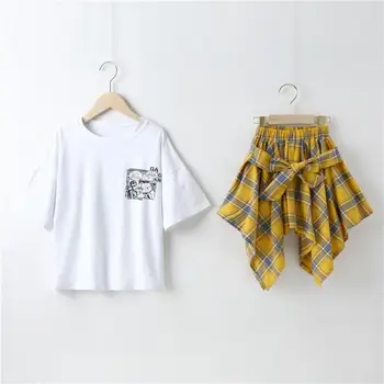 Genç Kız Giyim Yaz kısa kollu tişört Üst ve Ekose Etek 2 Adet Set Çocuklar Loungewear Genç Kız Karikatür Baskı Kıyafetler