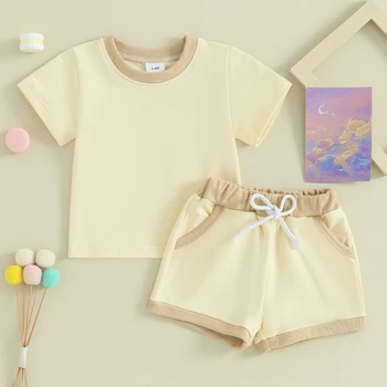 Bebek Erkek Kız Elbise Kısa Kollu Gömlek Elastik Bel şort takımı Yaz 2 Parça Düz Kıyafetler Eşofman