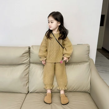 Çocuk Seti Kız Örgü Kazak Sonbahar Bahar Bebek Kore Retro Tarzı Yün İplik İki Parçalı Moda yuvarlak yaka