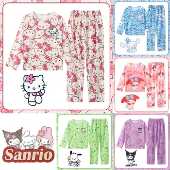 Sanrio Hello Kitty Pijama Melodi Karikatür Tatlı Uzun Kollu pantolon seti Bahar Sonbahar O Boyun Pijama Kawaii Çocuk Giyim