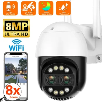 8MP Çift Lens WİFİ IP Kamera Açık 8X Zoom 4K HD PTZ Kamera AI Otomatik İzleme 2K 4MP Güvenlik CCTV gözetim kamerası Kamera iCSee