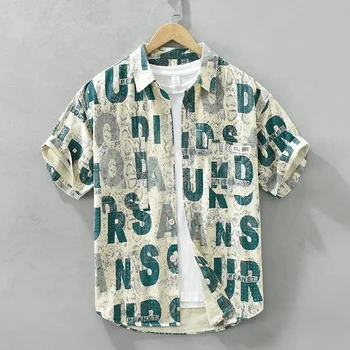 Camisas Para Hombre 2023 Japon Alfabe Baskılı Kısa Kollu Casual Gömlek erkek Moda Edebi Trend Gevşek Gömlek Erkekler