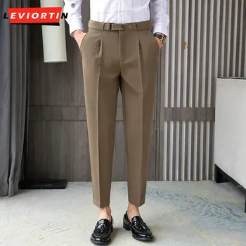 Dört Mevsim Yeni Kore Baskı erkek Batı Pantolon Moda Bel Tasarımı ile İnce Slim Fit Küçük Düz Bacak Erkek Kapriler