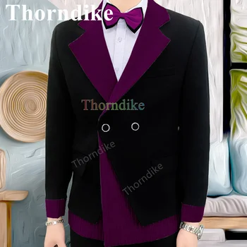Thorndike Trend Tarzı Düğün Damat Takım Elbise Kruvaze Rahat Siyah Smokin Dikiş Çizgili Takım Elbise 2 parça Takım Elbise