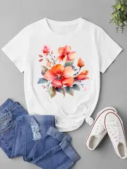 Kısa Kollu Elbise Baskı Üst Moda T Shirt grafikli tişört Suluboya Sevimli 90s Güzel Stil Kadın Bayan Giyim Tee