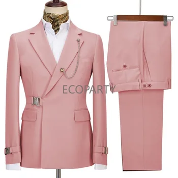 2024 Erkek Takım Elbise 2 Parça Slim Fit Seti Paslanmaz Çelik Toka Balo Düğün Takımları Erkekler için Özel Düğme Tasarım Blazer + Pantolon