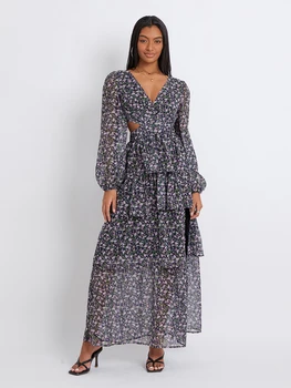 Kadın Yüksek Bölünmüş Çiçek Elbise Uzun Puf Kollu V Boyun Katmanlı Fırfır Etek Elbise Bahar Sonbahar Elbise