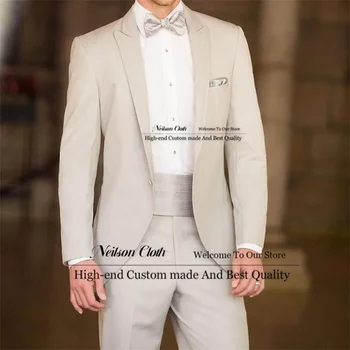 Moda Doruğa Yaka Erkek Balo Blazers Bej Damat Düğün Smokin 2 Parça Setleri Erkek Takım Elbise Slim Fit Bir Düğme Kostüm Homme