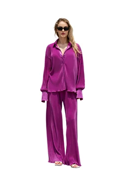 Awoscut Kadın Salonu Setleri 2 Parça Kıyafetler Bahar Güz Kıyafet Uzun Kollu Gevşek Gömlek Elastik Bel Geniş Bacak pantolon seti (02
