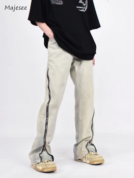 Kot Erkekler Harajuku Popüler Streetwear Sonbahar Amerikan Tarzı Tüm Maç Hip Hop Yan Fermuarlar Vintage Denim Pantolon Stilist Günlük