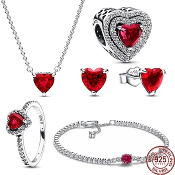 Sıcak satış 925 ayar gümüş charm kırmızı kalp serisi set zarif ve büyüleyici beş parçalı takı seti nişan hediye