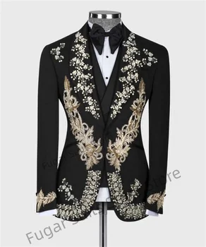 Ziyafet Siyah Zarif Erkek Takım Elbise Slim Fit Şal Yaka Damat Düğün Smokin 3 Adet Set (Lüks Ceket + kruvaze Yelek + Pantolon)