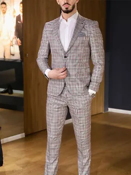 Yeni erkek Takım Elbise Özel 2 Adet Blazer Pantolon Tek Göğüslü İş Çizgili Ekose İnce Düğün Damat Özel Artı Boyutu