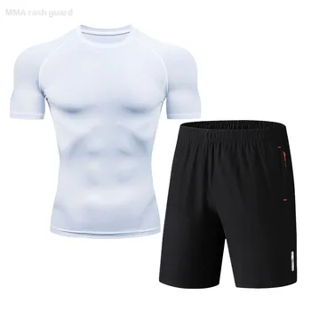 Koşu erkek Beyaz kısa kollu tişört Siyah Şort 2 parça Spor seti Spor Salonu Egzersiz Hızlı Kuru vücut geliştirme giyisisi Yaz Giyim