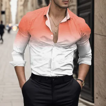 Vintage Degrade Uzun Kollu Gömlek Erkekler Yaz Casual Tops Katı Standı Yaka Enerjik Turuncu Gömlek Erkek Giyim Streetwear