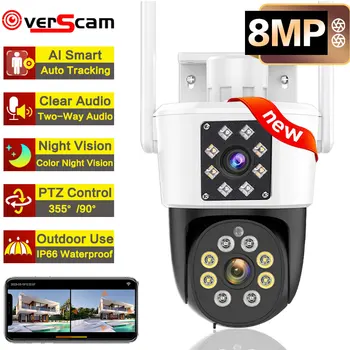 8MP 4K PTZ WiFi IP Kamera Güvenlik Koruma Çift Lens Ekran Renkli Gece Görüş Otomatik Parça CCTV Gözetim Kamera O-KAM APP