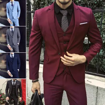 Erkekler Üç parçalı Takım Elbise Premium erkek Düğün Takım Elbise Seti Resmi İş Tarzı Slim Fit Ceket Pantolon Yelek İpeksi Pürüzsüz kırışıklık Karşıtı