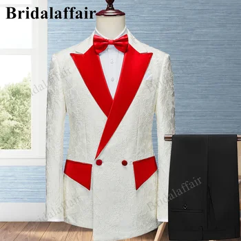 Bridalaffair Erkek Takım Elbise Beyaz Düğün Smokin Takım Elbise Erkekler için Kırmızı Saten Yaka Resmi Slim Fit 2 Adet Blazer Ceket pantolon seti