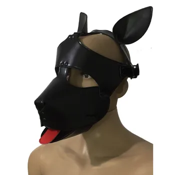 Unisex yumuşak Faux deri köpek yavrusu fetiş Hood kırmızı dil Cosplay kafa koşum evde beslenen hayvan oyun kostüm