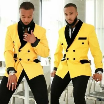 Yewllow / Siyah Erkek Takım Elbise Yeni Stil Damat Smokin Şal Kadife Yaka Groomsmen 2 Parça Set ( Ceket + Pantolon + papyon) D481