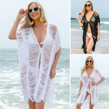 V Yaka Ön Dantel-up Cover Up Hırka Tığ Örgülü İnce Gevşek Fit İçi Boş Püskül Güneş Koruyucu Bikini Cover Up Beachwear
