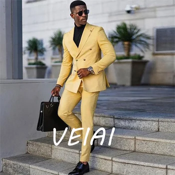 Kruvaze Sarı Rahat Takım Elbise Erkekler için Balo Doruğa Yaka Slim Fit Düğün Damat Smokin 2 Parça Ceket Pantolon Moda