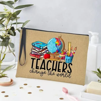 Öğretmen Dünyayı Değiştirmek makyaj Çantası Seyahat Tuvalet Organizatör Okul Öğretmen Hediye Kadın kozmetik çantası Çantası Neceser Makyaj Çantası