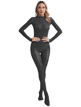 Bayan Seksi Iç Çamaşırı Parlak tam örgü Bodystocking Bodysuit Uzun Kollu Kalça Açılış Tam Kapak Tulum Clubwear Kıyafeti