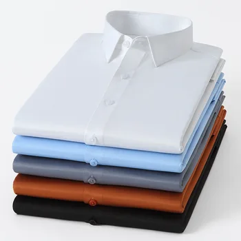 Yeni erkek Elastik Temel Standart fit Uzun Kollu Elbise Gömlek Katı Resmi İş Beyaz Çalışma Ofisi Klasik Erkek Gömlek