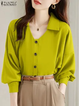 ZANZEA Vintage Gevşek Gömlek Kadın Bluz Seksi Yaka V Yaka Üstleri Tunikler Casual OL Uzun Kollu 2023 Sonbahar Düğmeler Katı Blusas