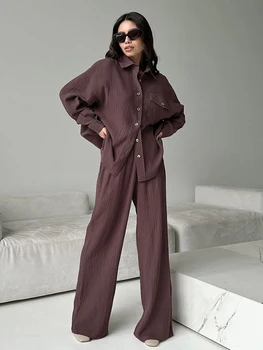 Marthaqıqı Pamuk Kadın Pijama Takım Turn-Aşağı Yaka Nightgowns Uzun Kollu Pijama Geniş Bacak Pantolon Kadın Nightie 2 Parça Set
