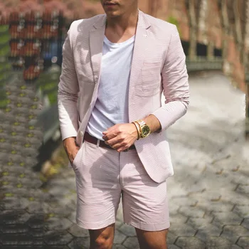 Allık Pembe Kısa Takım Elbise Seti Erkekler İçin Tek Düğme kafes Resmi Parti Takım Elbise Düz Renk Düzenli Fit günlük ceketler ve Pantolon